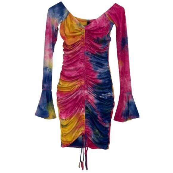 NWT Tie Dye Ruched Off Shoulder Bell Sleeve Bodycon Mini Dress S Festival - Picture 4 of 10